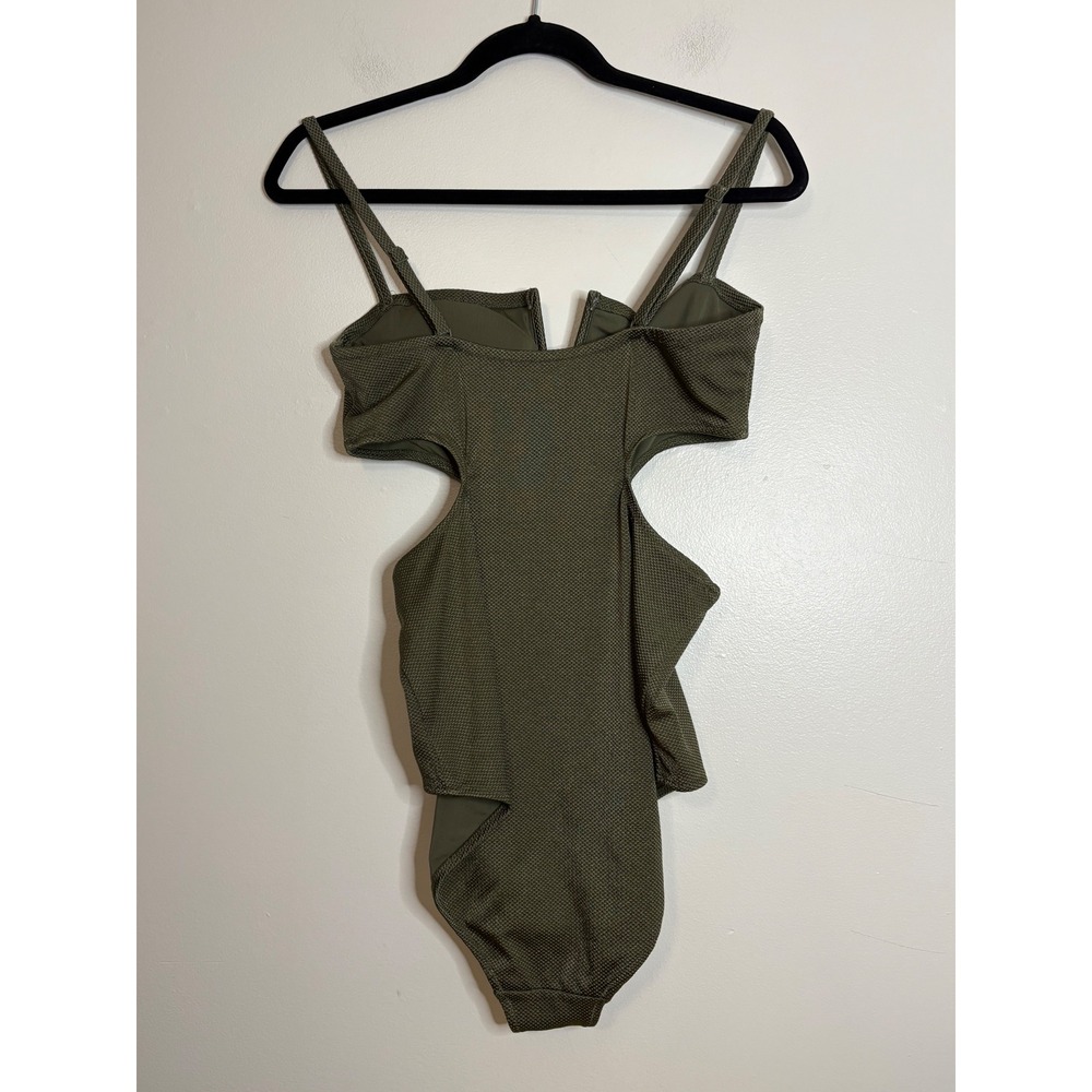 Aerie Real Good Olive Green Textured V-Wire Cut-Out One Piece Swimsuit Large - Picture 4 of 7